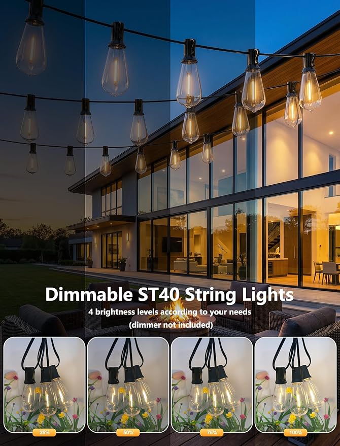 LED Outdoor Lights for Patio 20Ft, Waterproof Patio String Lights with 22 ST40 LED Edison Bulbs for Deck, Garden, Backyard,House, E17 Base, 2700K Dimmable, Vintage String Lights- Black Wire