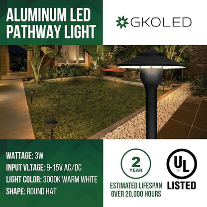GKOLED 6-Pack Aluminum Pathway Lights, Low Voltage LED Landscape Path Light, 9-15V AC/DC Outdoor Walkway Lighting with 3W 3000K Integrated LED Chips for Yard Lawn, Ground Stake, Black