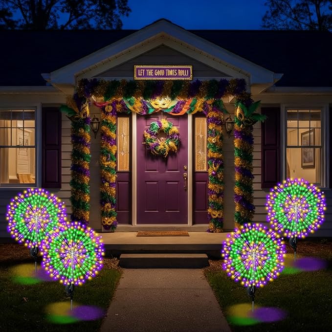 3 Pack Mardi Gras Solar Firework Lights 120 LED 8 Modes Waterproof Multicolor Mardi Gras Solar Stake Lights Outdoor Landscape Lamp for Garden Yard Patio Pathway Lawn Carnival Decoration