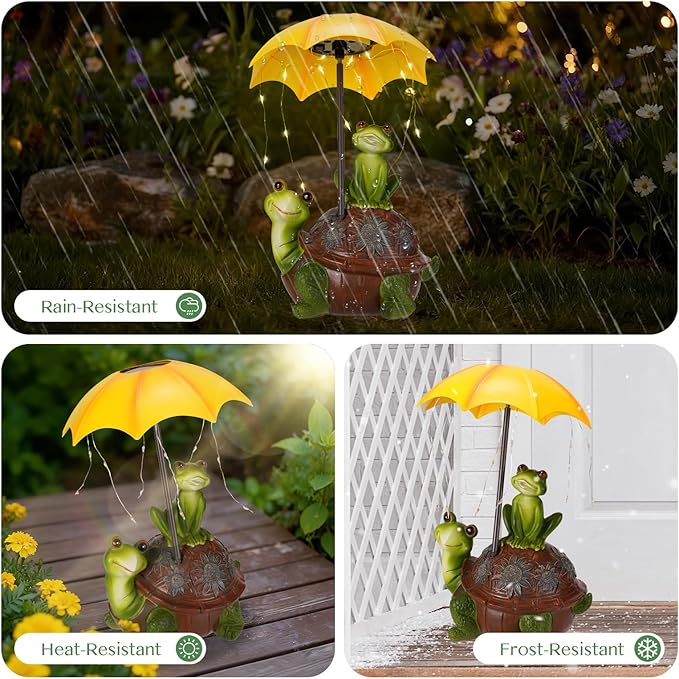 Solar Garden Statues Decor Turtle & Frog with LED Lights and Umbrella, Outdoor Garden Statues, Yard Statue Decorations for Patio, Balcony Housewarming, Lawn Ornaments Gifts for Women
