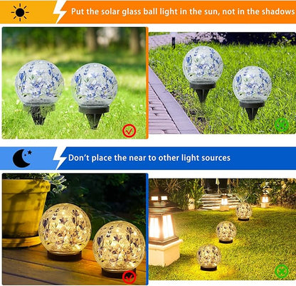 Solar Globe Lights Outdoor Waterproof, Cracked Glass Ball Orb Lights, Waterproof Globes for Garden Pathways, Patio Decor & Backyard Landscaping, Round Ornaments Orbs (Blue Flower)