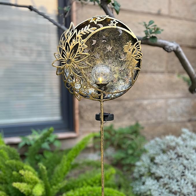 Fairy Solar Light Outdoor Decoration Garden Hollow Carving Sun Flowers Crackle Glass Ball Metal Stake for Pathway Patio Lawn Yard Mother Gift (Floral Fairy), Antique Brass