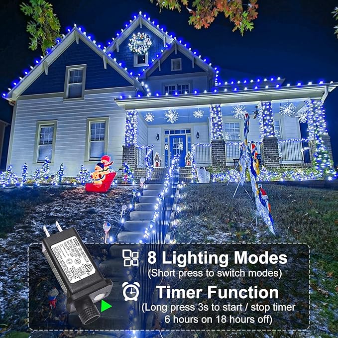 Blue and White Christmas Lights Outdoor, 100FT 300 LED Christmas Tree Lights with 8 Modes Waterproof, Connectable Green Wire String Twinkle Lights for Indoor Patio Garden Xmas Party Decorations