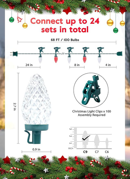 C9 LED Christmas Lights Outdoor, 68 Feet 100 LED Strawberry String Lights With 100 Spring Clamps, Waterproof Commercial Grade Extendable for Outside Roofline Patio Home Xmas Decoration, Red & White
