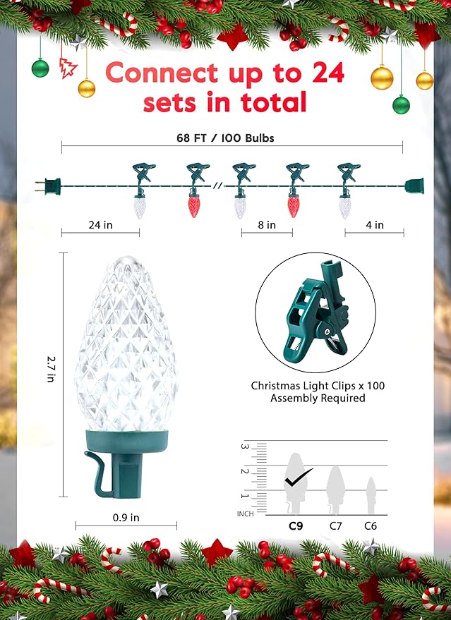 C9 LED Christmas Lights Outdoor, 68 Ft 100 LED Strawberry String Lights With 100 Spring Clamps, Waterproof Commercial Grade Extendable for Outside Roofline Patio Home Xmas Decoration, Red & Warm White