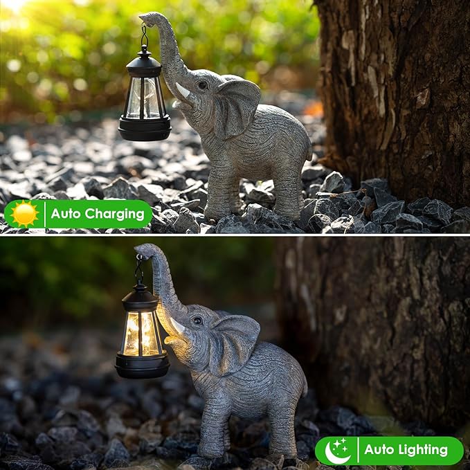 Solar Garden Statue Lights Elephants Figurine with Solar Lantern, Outdoor Yard Decorations for Patio Porch Home | Lumora