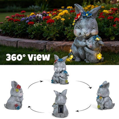 Solar Garden Statue Light, 8 inch Resin Rabbit Figurine with Flowers Outdoor Decor for Patio, Lawn, Yard, Housewarming Birthday Gifts Gift for Bunny Lovers, Mom, Grandma, Women (Grey Rabbit)