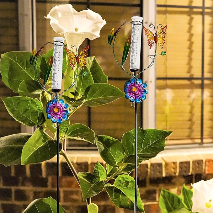HOMSFOU Solar Powered Garden Path Lights with Butterfly Windmill Rain Gauge, Decorative Outdoor Solar Lawn Stake Lights for Yard and Patio