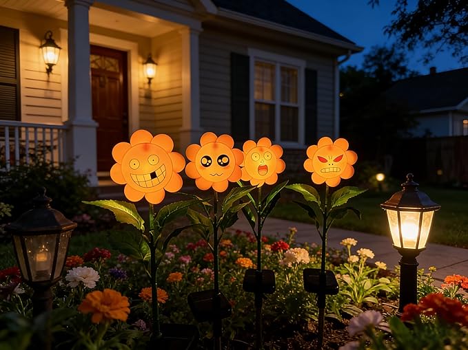 4 Pack Bobble Face Wind Spinners Sunflower Fairy Light Pinwheels Solar Light Outdoor - Garden Decor, Waterproof Auto-On/Off Pathway, Lawn, Yard Stake Light Windmill for Decorations