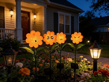 4 Pack Bobble Face Wind Spinners Sunflower Fairy Light Pinwheels Solar Light Outdoor - Garden Decor, Waterproof Auto-On/Off Pathway, Lawn, Yard Stake Light Windmill for Decorations