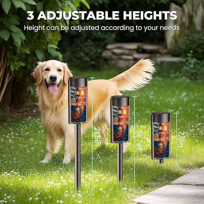 4 Pack Solar Pathway Lights Outdoor Waterproof Coastal Lighthouse Stained Glass Hanging Ornament Solar Garden Lights LED Landscape Lighting for Yard Walkway Lawn Garden Decor