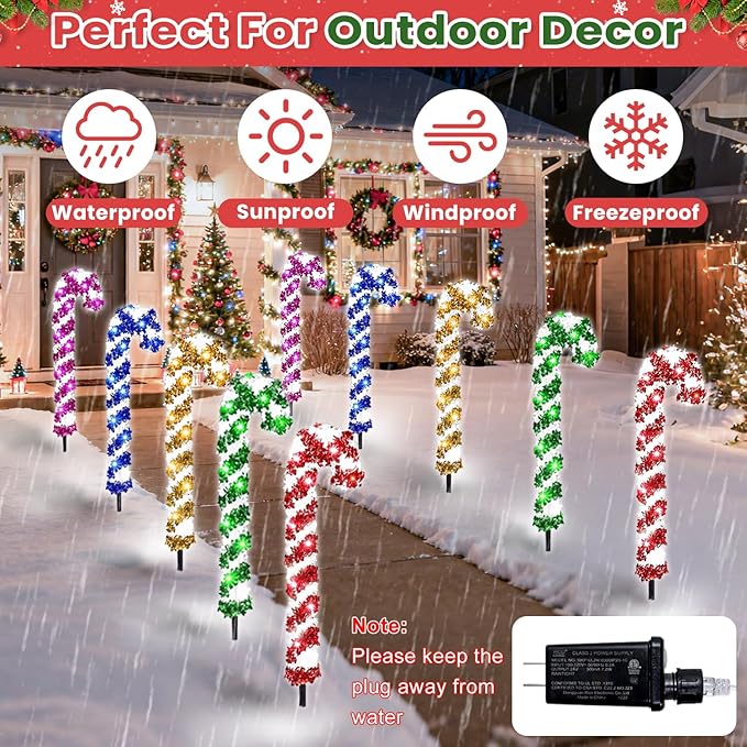 10 Pcs Christmas Candy Cane Lights 21'' Multicolor Candy Cane Pathway Light with 8 Lighting Modes Waterproof | Lumora