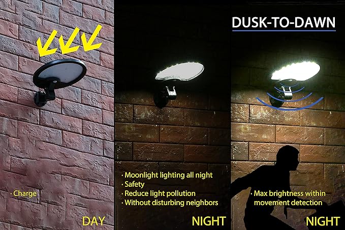 eLEDing 56-LED Solar Powered Motion Activated Light – White-Warm Outdoor Security Light with Dusk-to-Dawn Dimming | Lumora