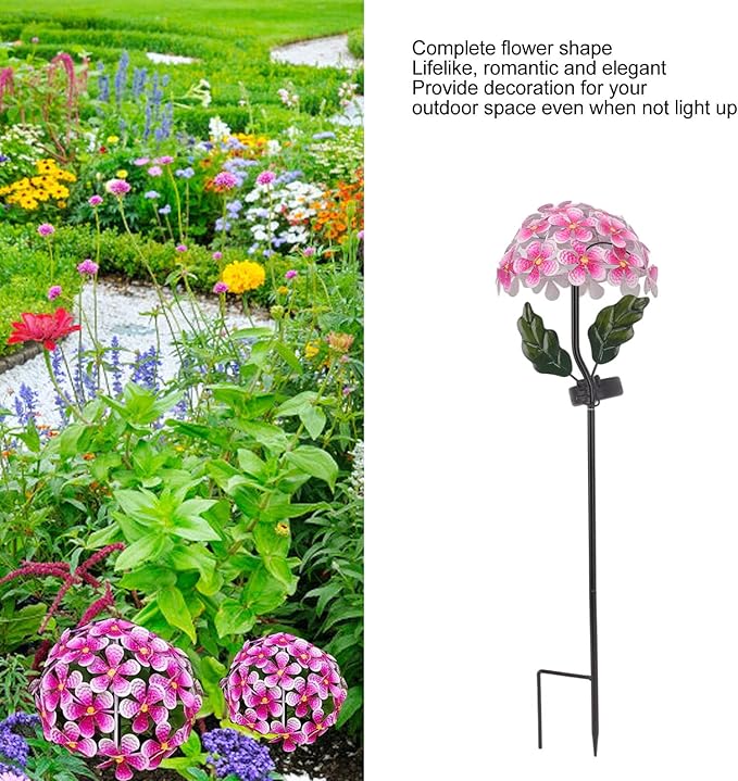 Solar Hydrangea Light, 26 LEDs Lifelike Iron Flower Stake Lamp for Garden Porch Lawn, Outdoor Solar Powered Hydrangea Decorative Lighting for Yard and Garden(Pink)