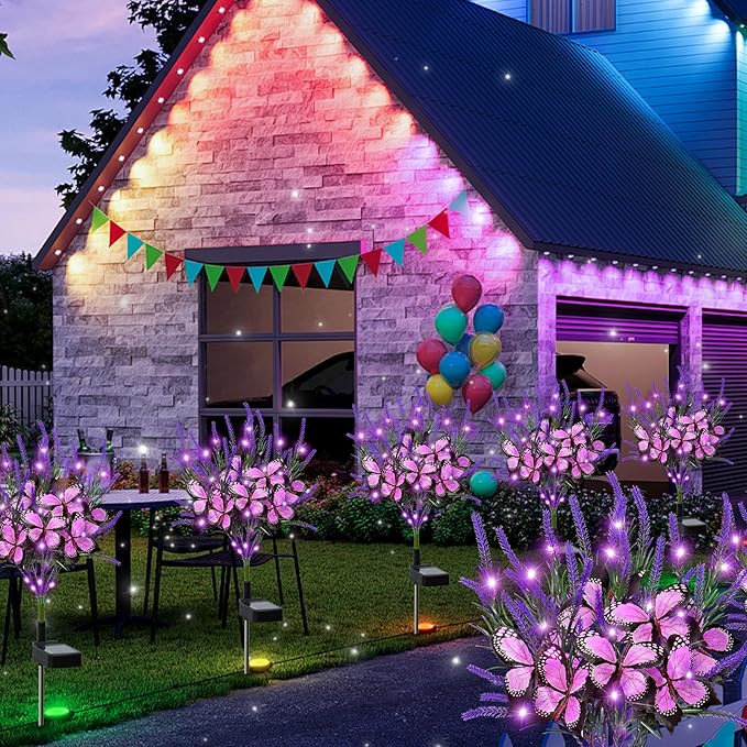 Dremisland 2Pack Solar Flowers Lights Outdoor Waterproof Purple Lavenders Solar Butterfly Lights Solar Artificial Flower Butterfly Garden Decoration for Yard Patio Pathway Lawn Courtyard