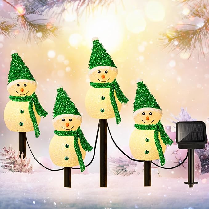 4 Pcs Solar Christmas Snowman Outdoor Decorations LED Stake Lights Solar Snowman Santa Waterproof Walkway Landscape Lights for Pathway, Winter Yard, Garden Decor(Green)