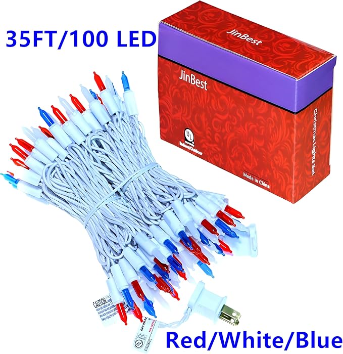 Red White and Blue Christmas Lights, UL Certified and Commercial Grade 100 LED Christmas Decorations String Lights, for Indoor and Outdoor Use.