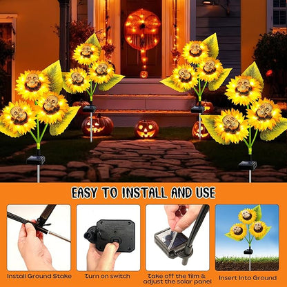 Halloween Decorations Outdoor, 4 Pack Solar Scary Skull Sunflowers Lights,Waterproof Solar Flowers Lights Garden Decor for Halloween Yard Patio Lawn Party Decor