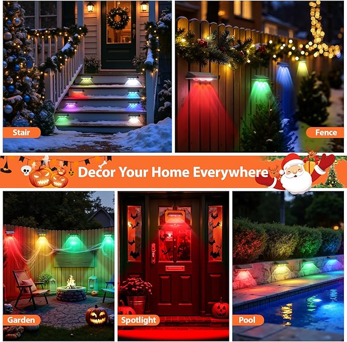 Solar Fence Lights Outdoor for Christmas Decorations, LED Deck Light Solar Powered for Outside Yard/Railing/Pathway/Patio/Step, IP65 Waterproof, 3 Lamp Beads, 8 RGB Colors, Auto ON/Off (4Pack)