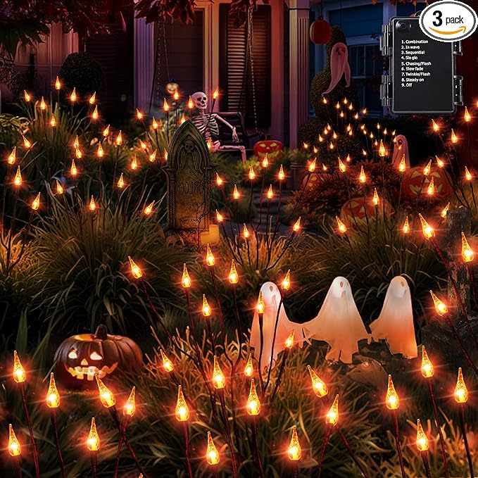 ODEETRONIC Halloween Pathway Lights – 3 Pack 30 LED Orange Candle Stake Lights, 7.54ft 8 Modes Outdoor Halloween Light Battery Operated, Waterproof & Timer Orange Light for Lawn, Path, Garden Decor