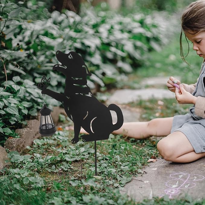 Garneck Outdoor Solar Lawn Lights - Dog Metal Garden Stake with Waterproof Solar Lantern - Decorative Yard Stakes | Lumora