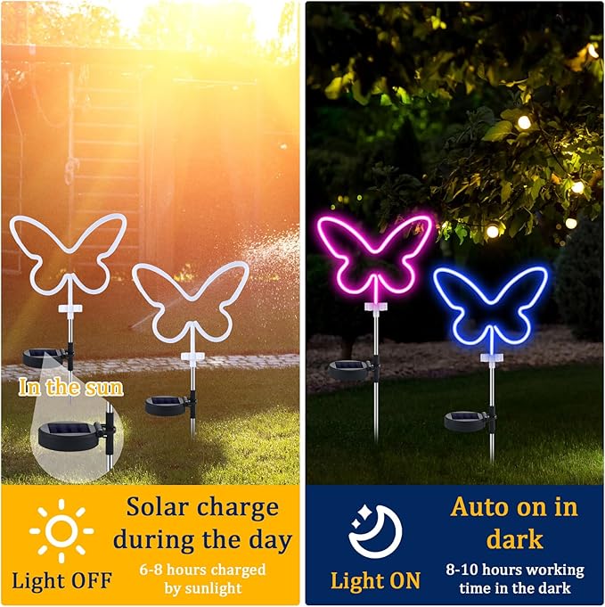 2 Pcs Butterfly Solar Lights Outdoor Decor Butterfly Neon Lights Yard Solar Lights for Outside Waterproof Decorations with Stake for Garden Patio Yard Pathway Decoration Gardening Gifts