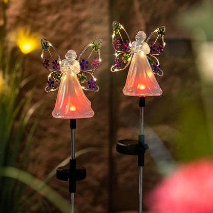 2 Pack Solar Angel Lights, Color Changing & Warm White Dual Glow, Solar Stake Lights with Flower Wings, Waterproof Outdoor Memorial Gifts for Cemetery Grave, Garden Patio Yard Decor for Mom Women