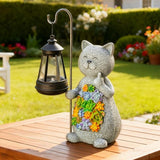 Solar Cat Garden Statue with Succulent Decor Hanging Lantern – Waterproof Resin Outdoor Figurine for Yard, Patio | Lumora