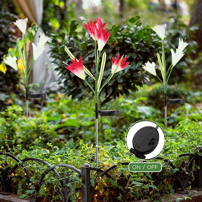 Totority Solar Powered Outdoor Garden Flower LED Lights with Ground Stake, Colorful 4-Head Lily Design, 2pcs White and Pink Solar Pathway Lamps for Lawn Décor