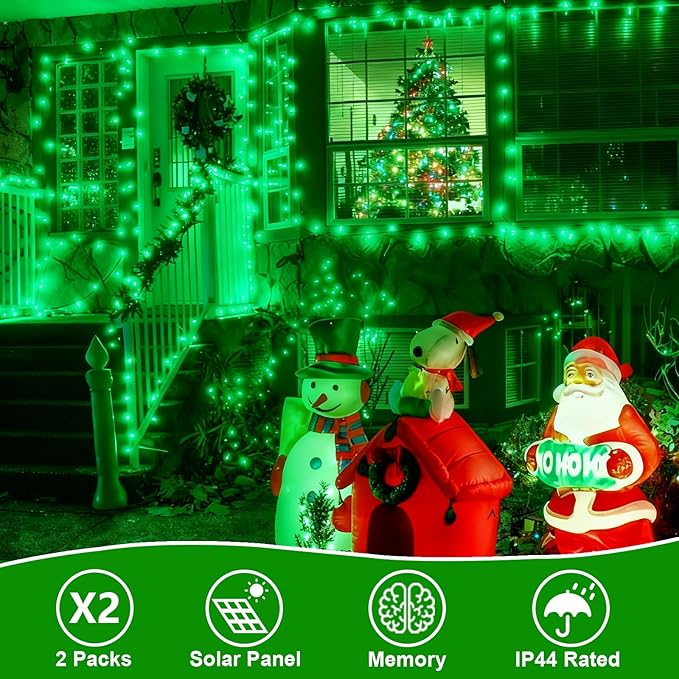 QITONG Green Solar String Lights, 2 Pack Each 66ft 200 LED Christmas String Lights Outdoor Waterproof, 8 Modes | Lumora