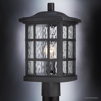 Urban Ambiance Luxury Craftsman Outdoor Post Light, Medium Size: 16.5" H x 9.5" W, with Tudor Style Elements, Highly-Detailed Design, High-End Black Silk Finish and Water Glass, UQL1246