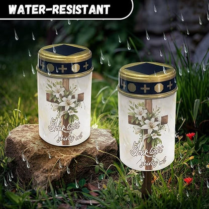 Grave Decorations for Cemetery Lily Flower Solar Cross for Cemetery Grave Waterproof Dusk to Dawn Sensor Grave Lamp Bereavement Gifts 2 Pack