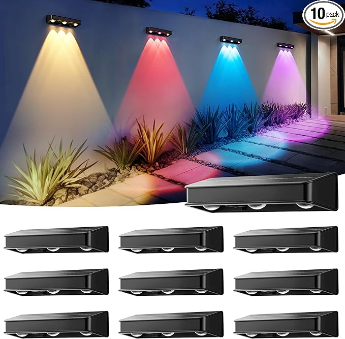 Solar Wall Lights,100 LM Color Changing Solar Fence Lights Outdoor Solar Powered with Ultra-Bright LED Lens 1200 mAh Waterproof IP65 for Christmas Halloween Patio Yard Backyard 10 Pack (RGB)