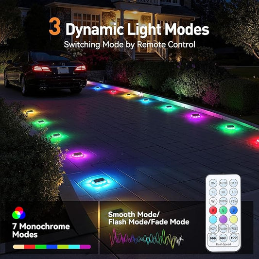 AGPTEK RGB Solar Deck Lights with Remote Control 4 Pack, One-Click Sync Group Control & 10 Light Modes & RGB Chasing, Outdoor Decorative Driveway Marker for Pathway, Dock, Step, Walkway, Yard, Garden