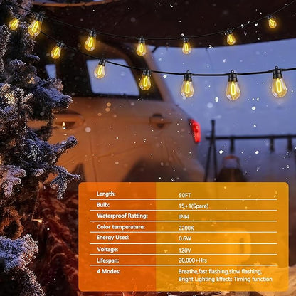 LED Outdoor String Lights, 50FT Patio Lights with 16Pcs Shatterproof S14 Bulb(1 Spare),4 Lighting Mode, Connectable, Waterproof Warm White Edison Plastic Bulb Hanging Light for Yard Gazebo Porch Décor
