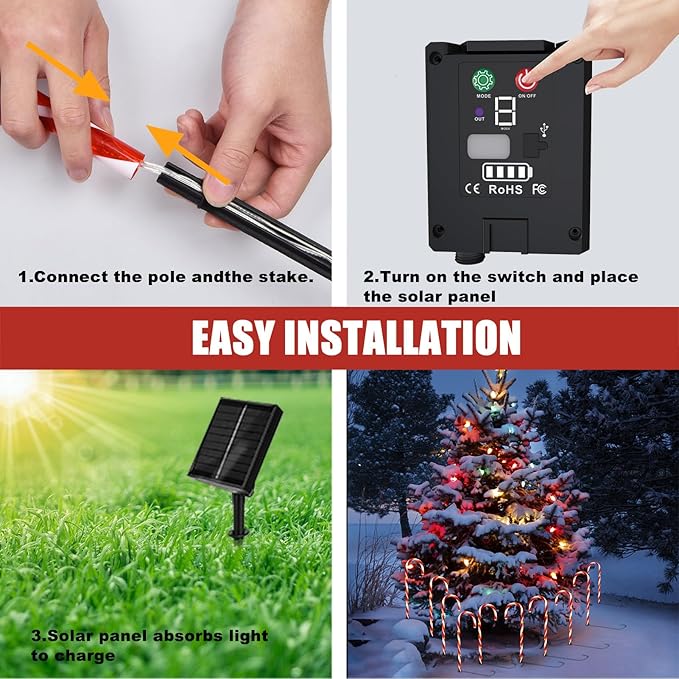 Christmas Decorations Outdoor, 10 Pcs Candy Cane Lights, 21'' Solar Pathway Lights with 8 Lighting Modes, Waterproof Garden Lights for Christmas Patio Yard Walkway Decorations