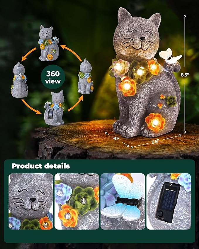 Solar Garden Statues Outdoor Decor, 6 LED Cat Flowers Butterfly Figurine Lights, Waterproof for Balcony Patio Porch | Lumora