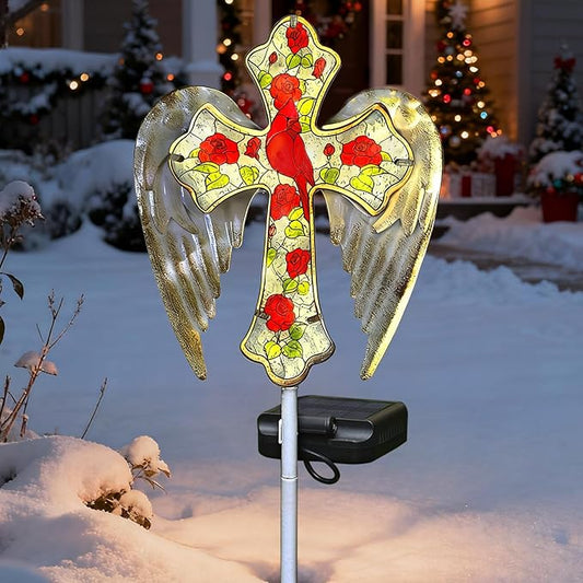 Solar Cross Lights Outdoor, Solar Cardinal Stake Lights Cemetery Decorations for Grave, Jesus Cross Sympathy Memorial Gifts for Christmas Women Mom, Glass Garden Art for Cemetery Yard Patio