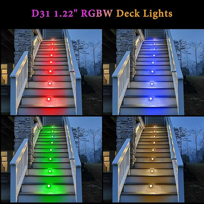 Deck Light RGBW 30 Pack, Φ1.22 Inches RGB/Warm White Light WiFi Control, LED Step Lights Kit Low Voltage DC12V, IP67 Waterproof Deck Lights for Stairs with Remote Control