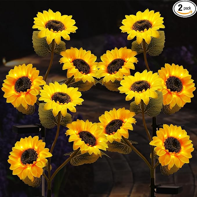 2 Pack Waterproof Solar Sunflower Garden Lights with 3 Stakes, Outdoor Decorative Lighting for Patio & Lawn | Lumora