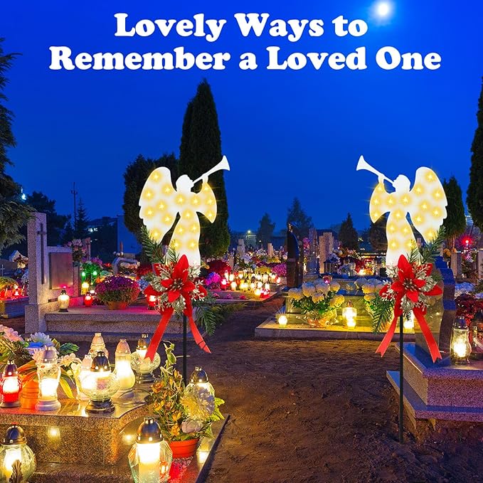 Baquler 2 Pack Solar Christmas Angel Stake Lights 32 Inches Solar Powered Xmas Angel Metal Stake Lights with Poinsettia for Outdoor Christmas Yard Pathway Garden Lawn Decorations