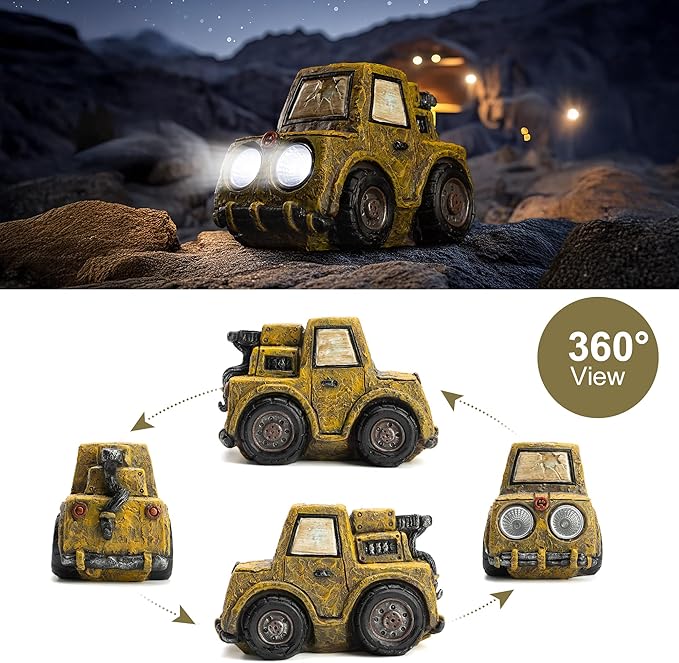 Garden Statue Outdoor Solar Car Decor with LED Light Vintage Resin Sculpture Truck Rustic Decoration for Lawn Patio Yard Gifts for Women