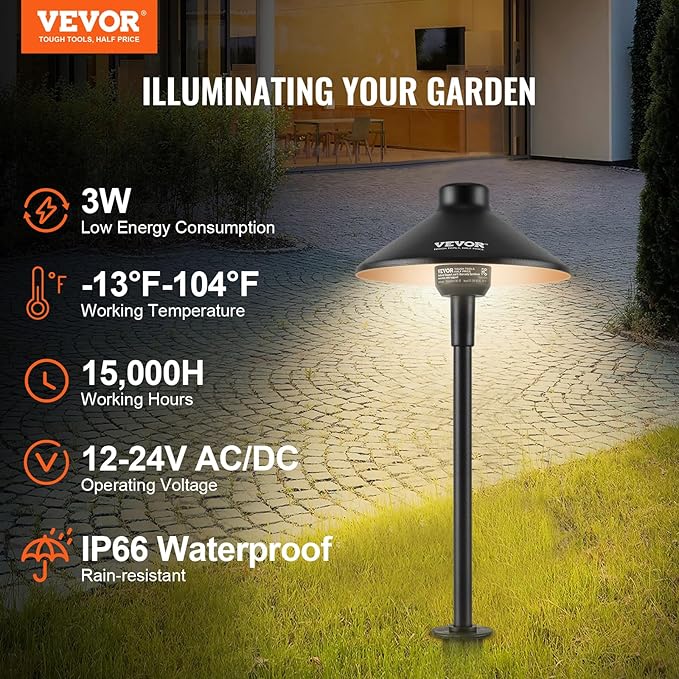 VEVOR 12 Pack Low Voltage Landscape Path Lights, 3W 210LM 12V-24VAC/DC Outdoor LED Pathway Lighting, 3000K Warm | Lumora