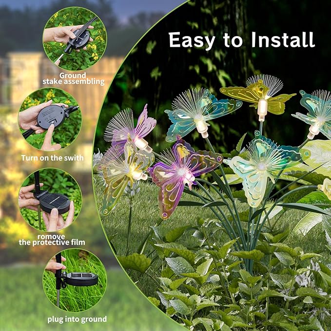 Flumy Solar Lights Outdoor Waterproof 8-Head Butterfly Decorations,Solar Garden Lights,Christmas Christmas Gift，Birthday Decorations,Butterfly Solar Lights for Garden and Yard 2Pack