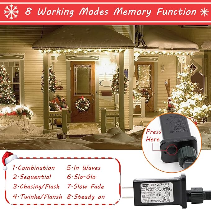 Christmas Lights Outdoor - 108FT 300 LED with 8 Modes, End-to-End Plug, UL Certified, Waterproof Fairy String Lights for Xmas Tree Decorations Garden Party (Cool White)