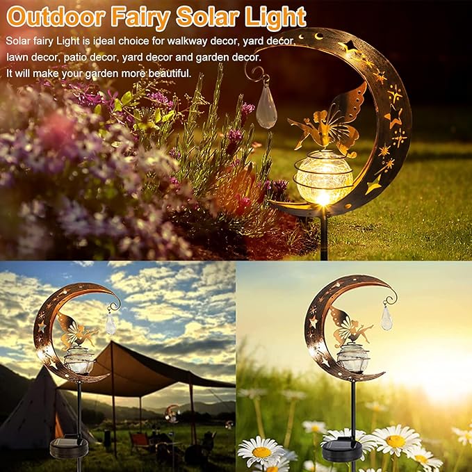 Fairy Garden Decor, Moon Fairy Garden Solar Light with Crackle Glass Globe, Waterproof LED Yard Decorations Outdoor Solar Yard Lights for Landscape Pathway Lawn Patio (Moon)