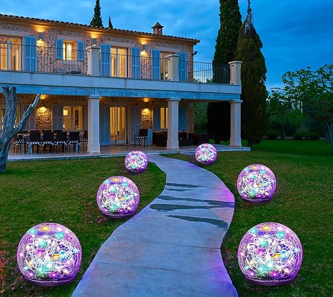 Solar Ball LED Lights Crackle Glass Globe Garden Stake Lamp Yard Art Decor for Yard Pathway Patio Lawn Decoration (Colorful)