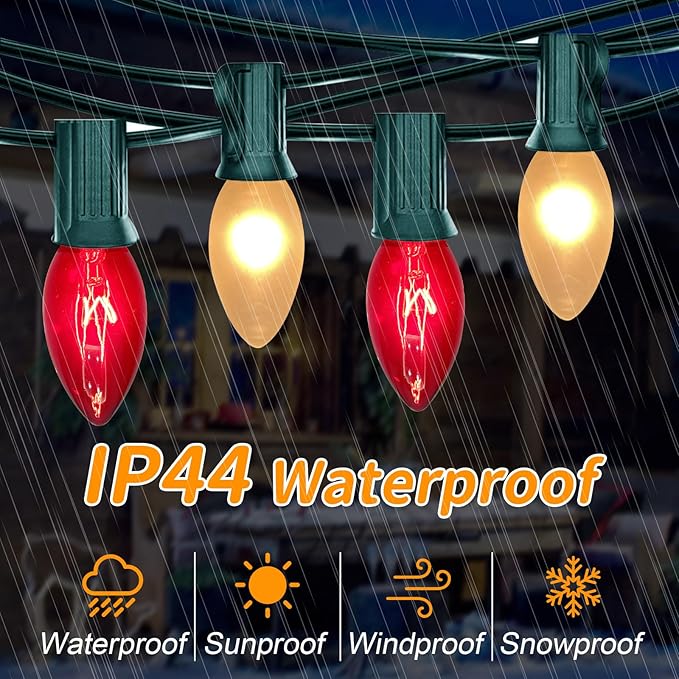 C9 Christmas Red& White String Lights with 26 Red & White Incandescent Bulbs, Outdoor Multicolored Christmas Lights Waterproof for Party Garden Wedding Bistro Roofline Decor