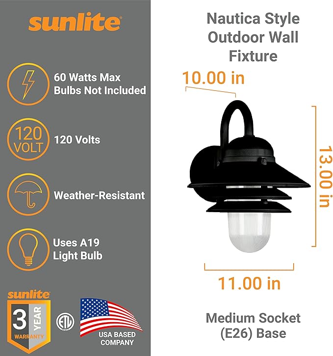 Sunlite 41370-SU Nautical Style Outdoor Wall Fixture, Medium Base Socket (E26), Weatherproof Polycarbonate | Lumora