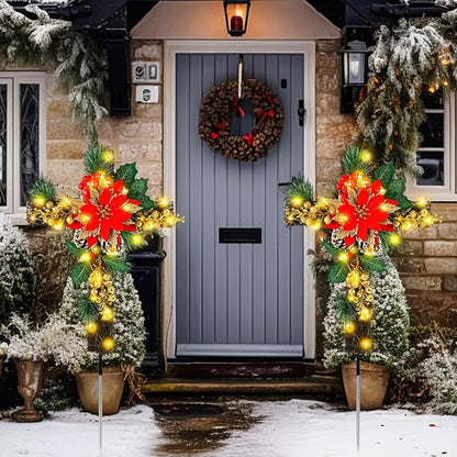 Ganeen 2 Pcs Solar Stake Christmas Outdoor Decorations Christmas Yard Stake Decor LED Lights Cemetery Grave Cross Poinsettia Decor for Holiday Garden Pathway Lights (Poinsettia)